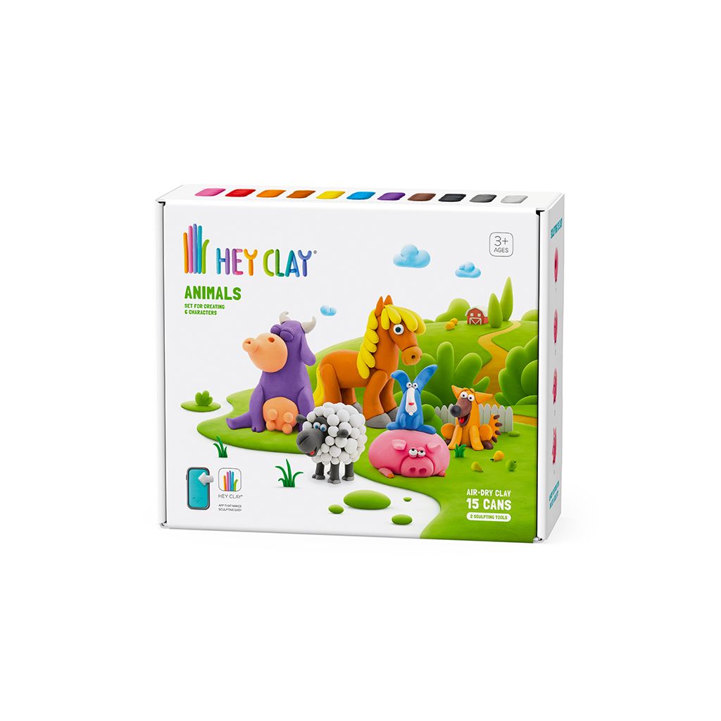 Hey Clay animals playset packaging with colorful clay figures on a white background