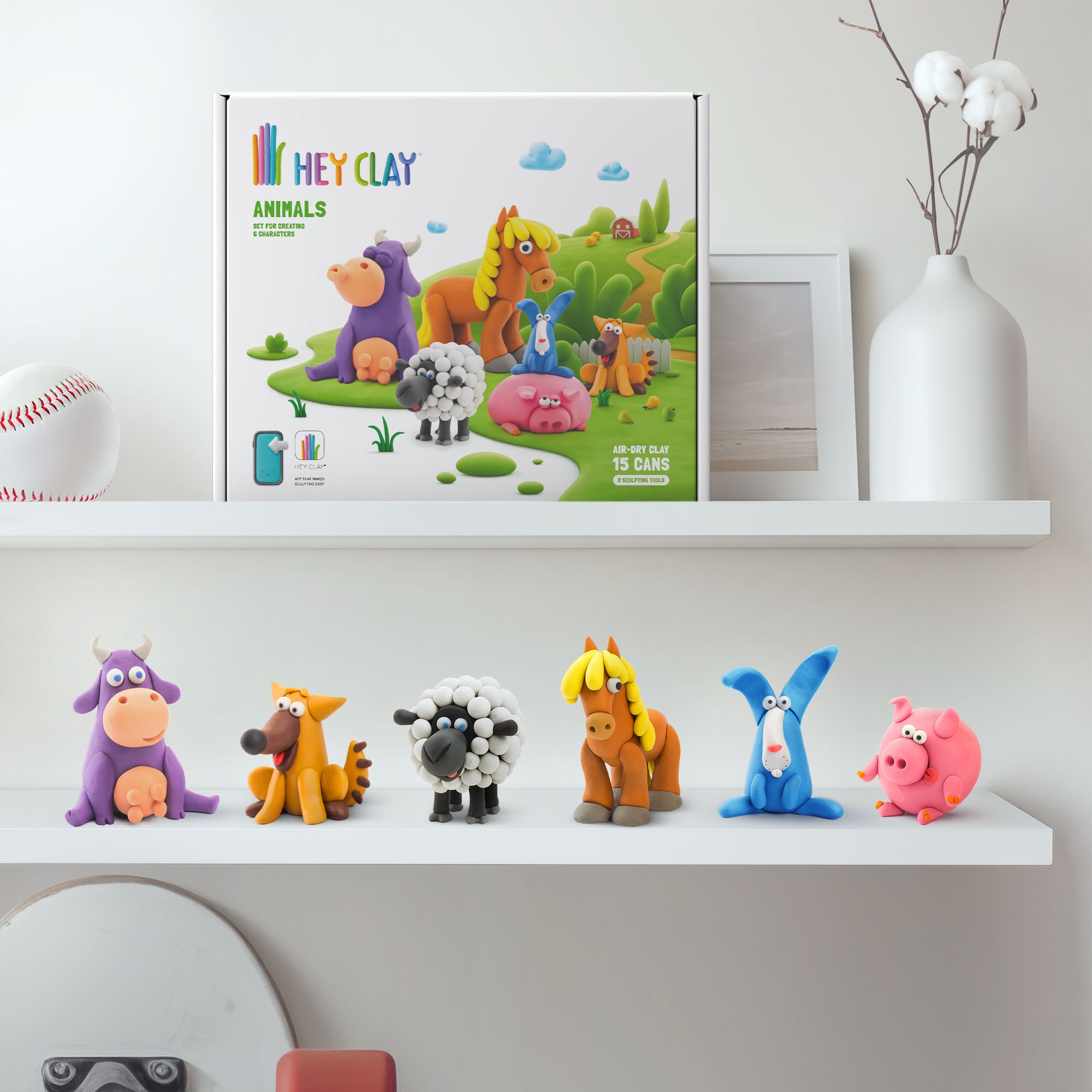 Colorful hey clay animal figures on a shelf with 'Hey Clay' branding in the background.