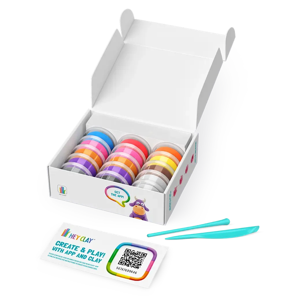 Box of colorful hey clay pots with a tool - animal mega set