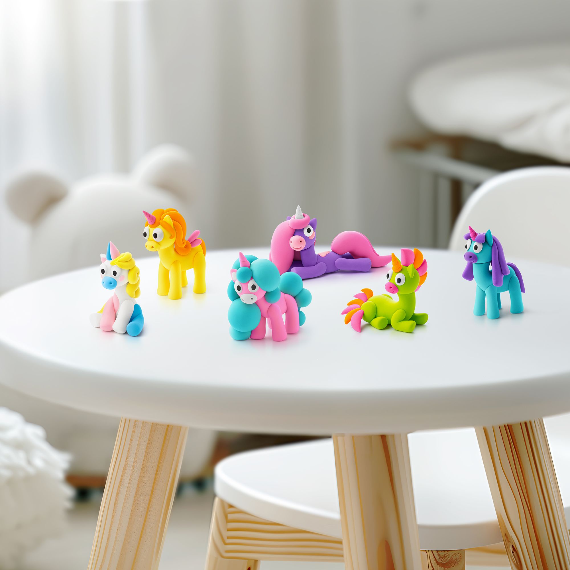 Colorful unicorn figurines made with hey clay unicorn set on a white table