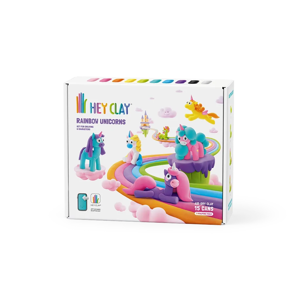 Hey Clay Rainbow Unicorns playset packaging on a white background