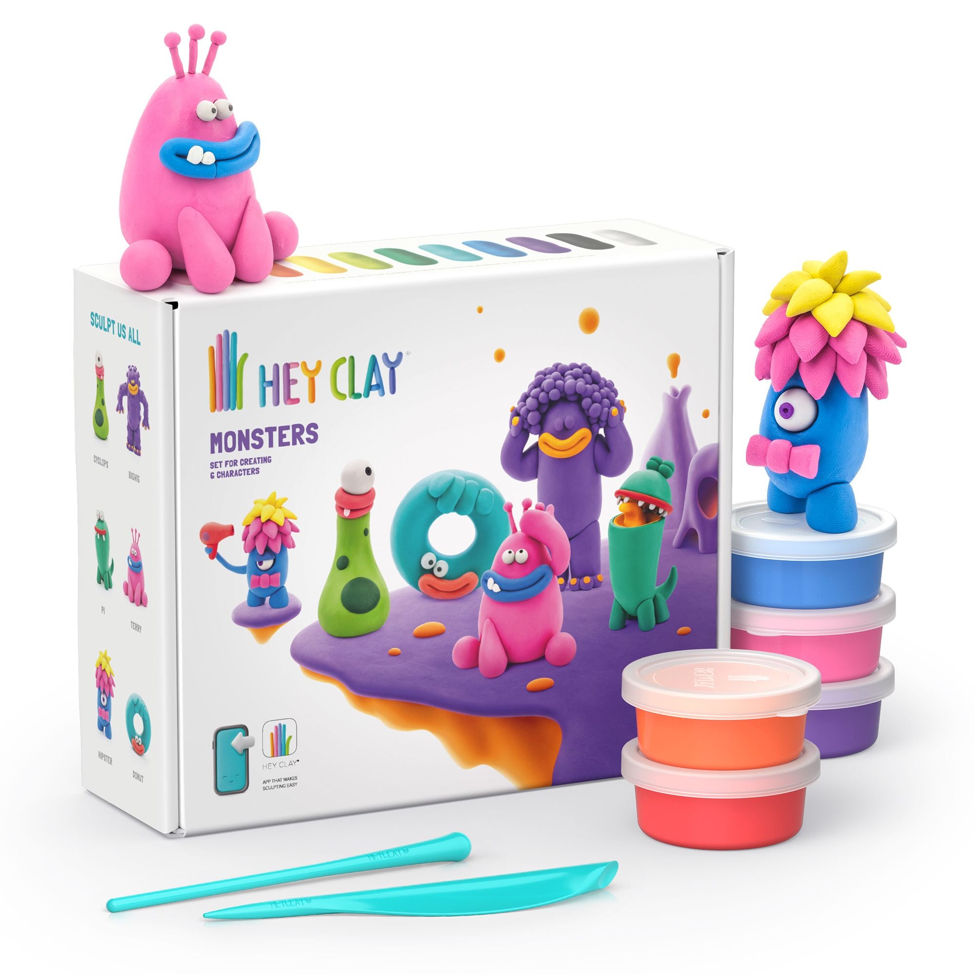 Colorful hey clay monsters set with packaging and tools on a white background