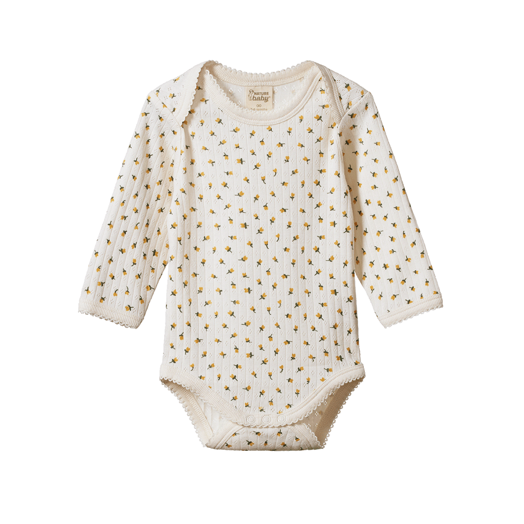 Nature Baby | Long Sleeve Bodysuit | Pointelle | Tulip Print | White Fox & Co