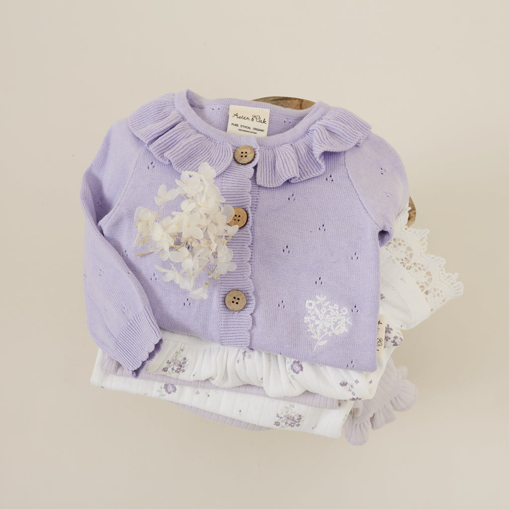 Aster & Oak | Organic Cotton Knit Cardigan | Lavender | White Fox & Co