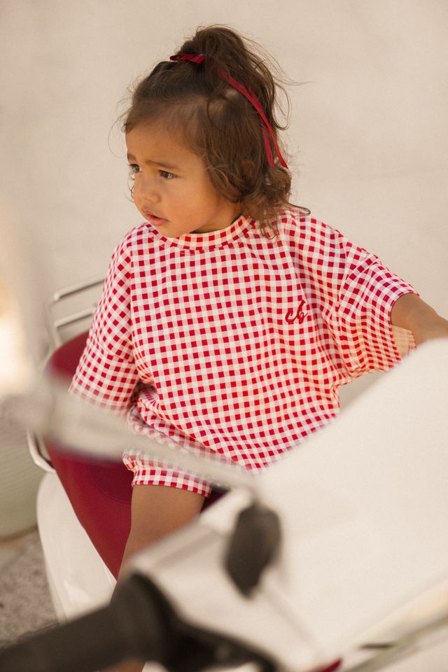 Cinnamon Baby red gingham romper – boutique baby romper exclusive to White Fox & Co NZ