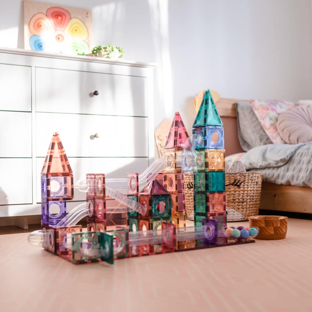 Side view of the Connetix Pastel Ball Run showing colourful tiles and run setup