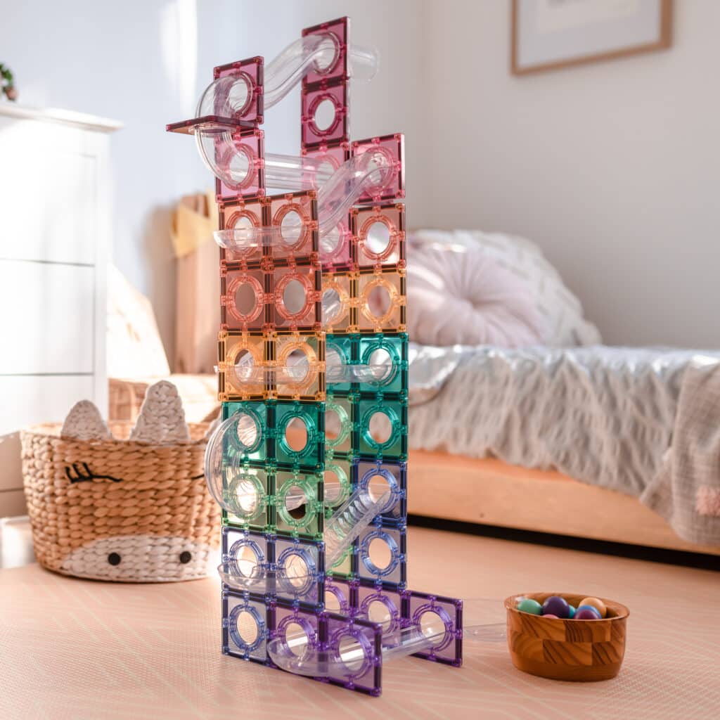 Side view of the Connetix Pastel Ball Run showing colourful tiles and run setup