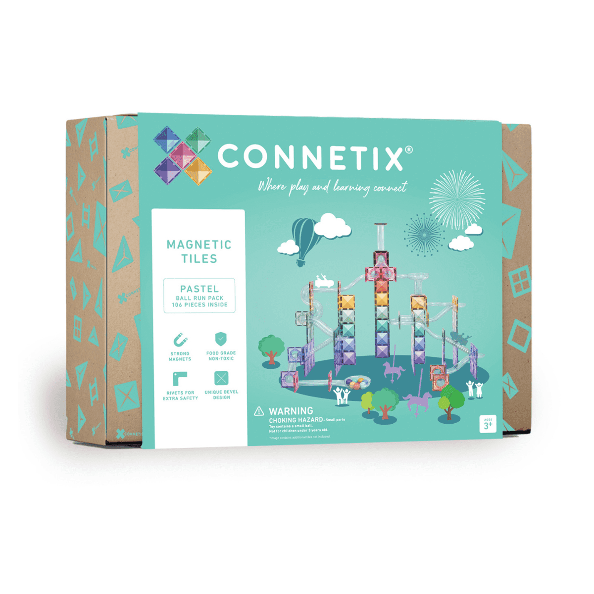 Connetix Pastel Ball Run Pack 106pc – magnetic tile set with curved tubes and pastel colours