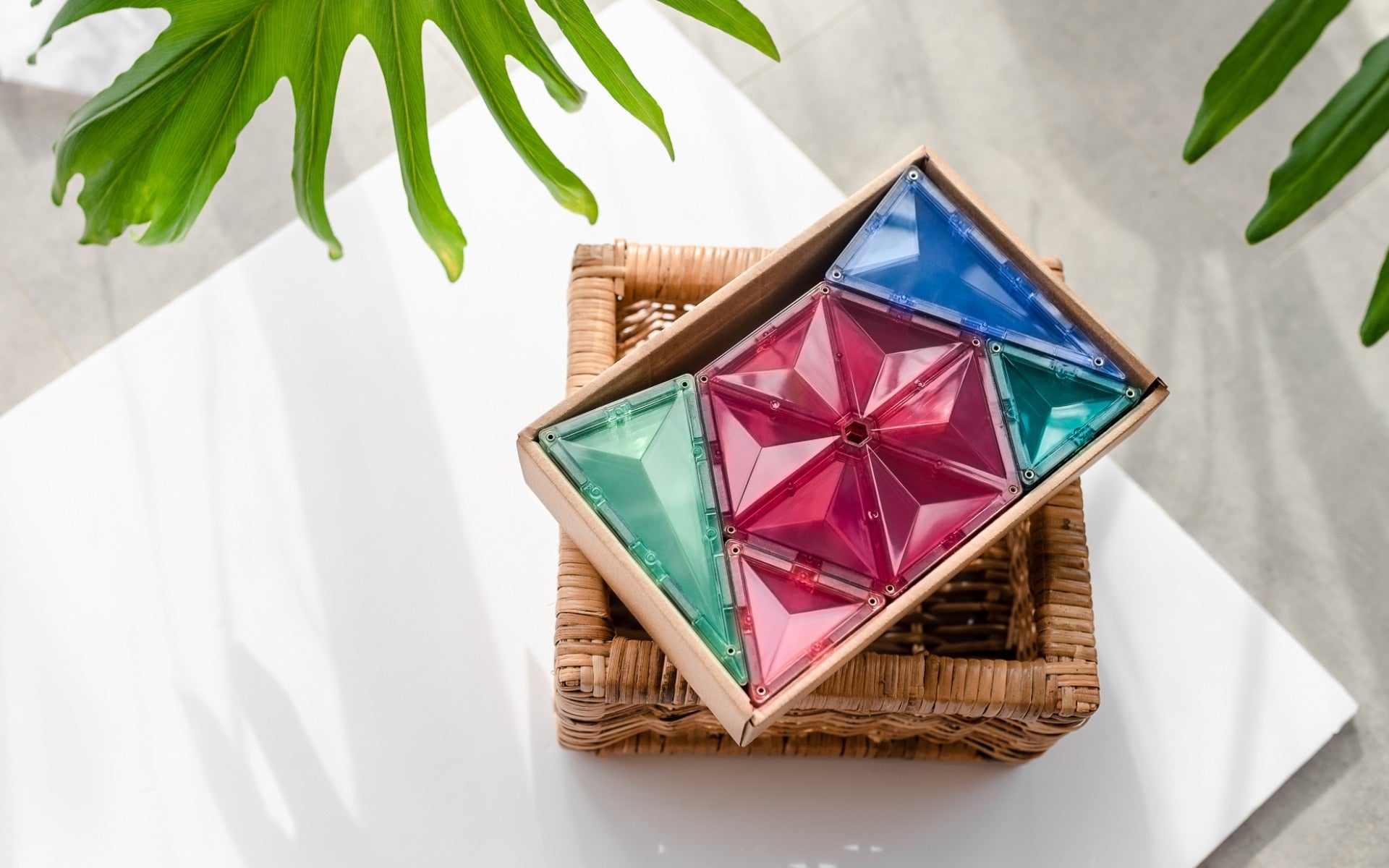 Opened box of Connetix Pastel Geometry Pack with visible tile pieces