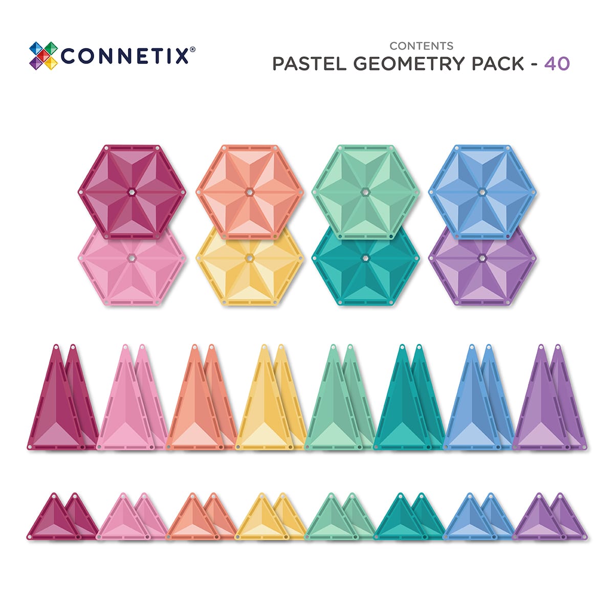 Flat lay of Connetix Pastel Geometry tiles showing different shapes