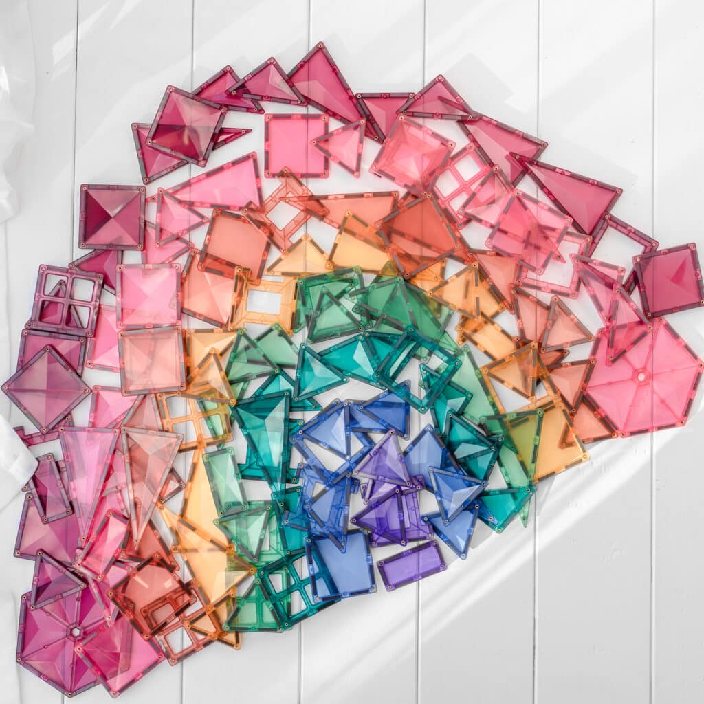 Connetix Pastel Mega Pack 202 Piece Set – flatlay of magnetic tiles available at White Fox & Co New Zealand