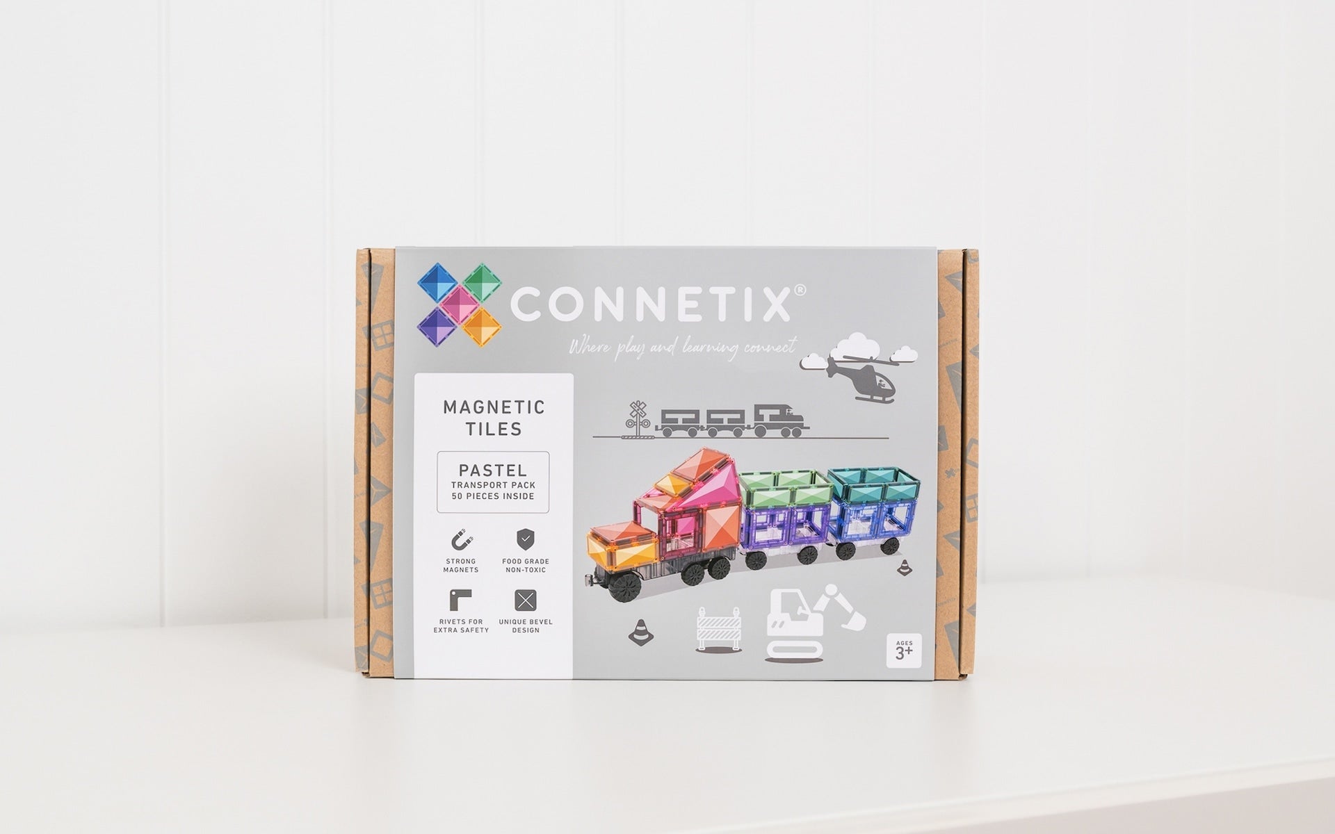 Packaging of Connetix Pastel Transport Pack – 50 Piece magnetic tile set