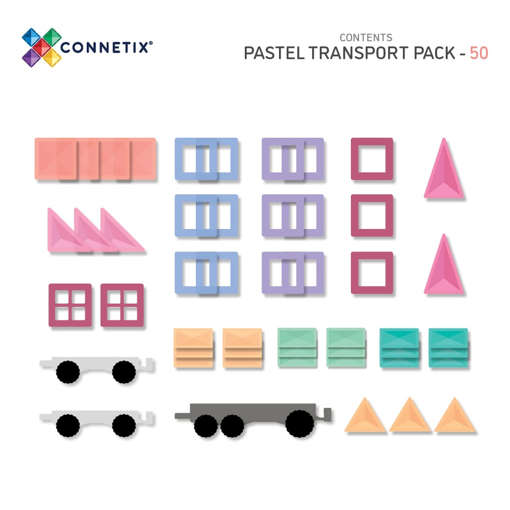 Packaging of Connetix Pastel Transport Pack – 50 Piece magnetic tile set