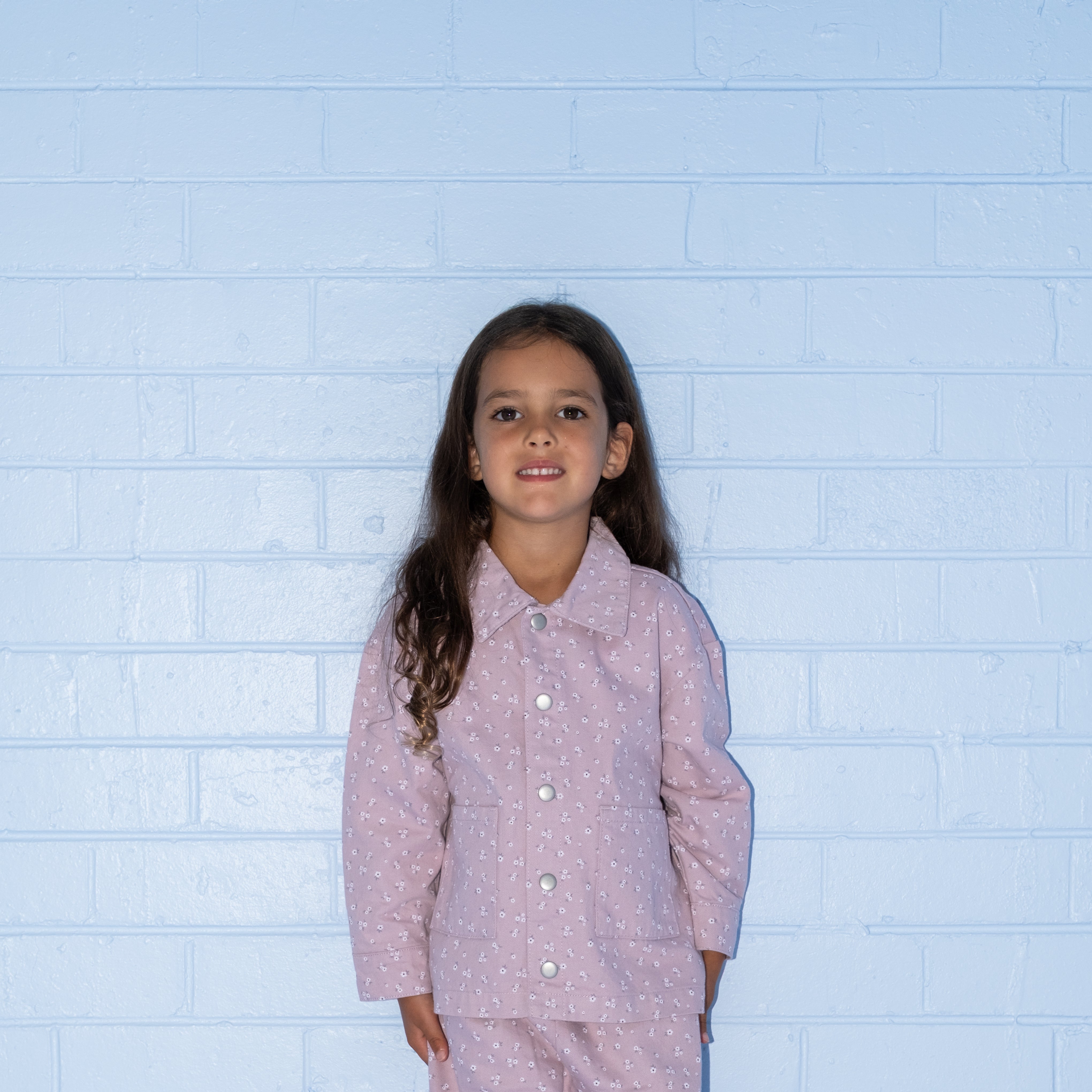 Grown organic cotton denim shirt jacket posy print detail