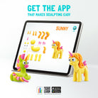 Tablet displaying a sculpture app with colorful pony figures on a white background