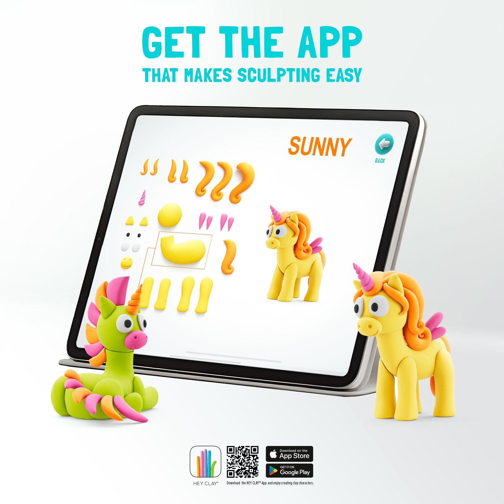 Tablet displaying a sculpture app with colorful pony figures on a white background
