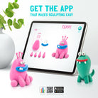 Tablet displaying a claymation app with two clay figures in front of it. hey clay app