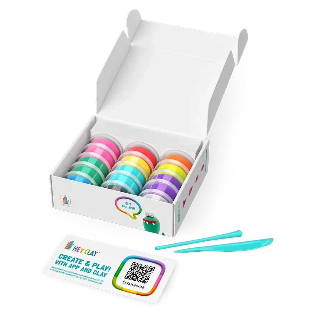 Box of colorful hey clay pots with tools 