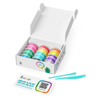 Box of colorful hey clay pots with tools 