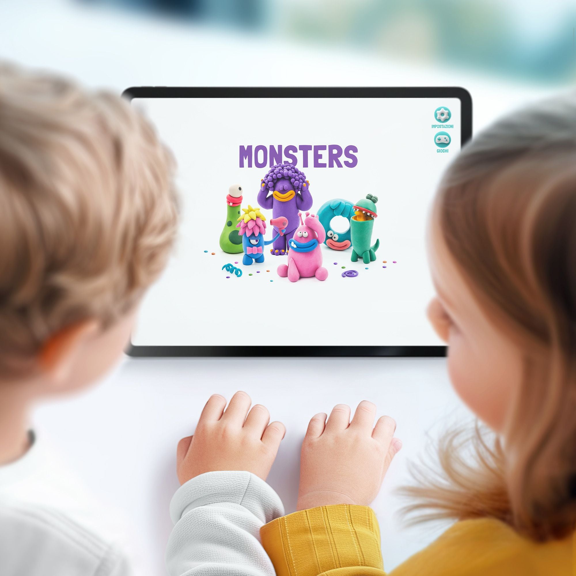 Two children looking at a tablet displaying cartoon monsters hey clay app