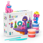 Colorful hey clay monsters set with packaging and tools on a white background