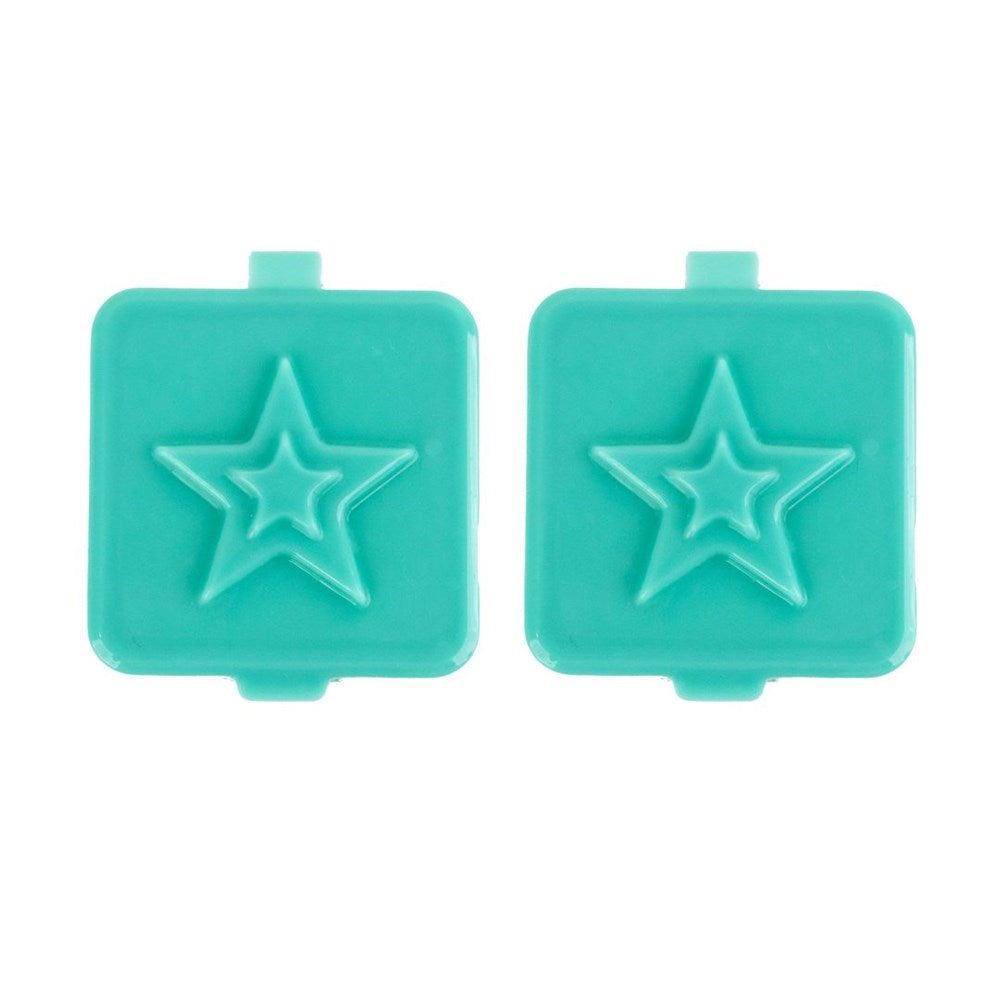 Two turquoise square silicone mold with star design on a white background