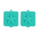 Two turquoise square silicone mold with star design on a white background