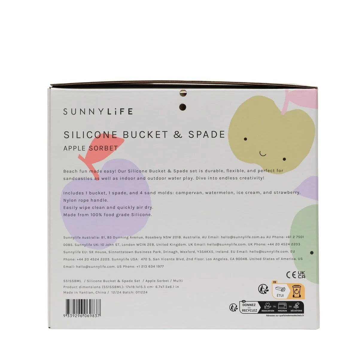 Campervan, watermelon, ice cream and strawberry silicone sand moulds from the Sunnylife Apple Sorbet bucket and spade set