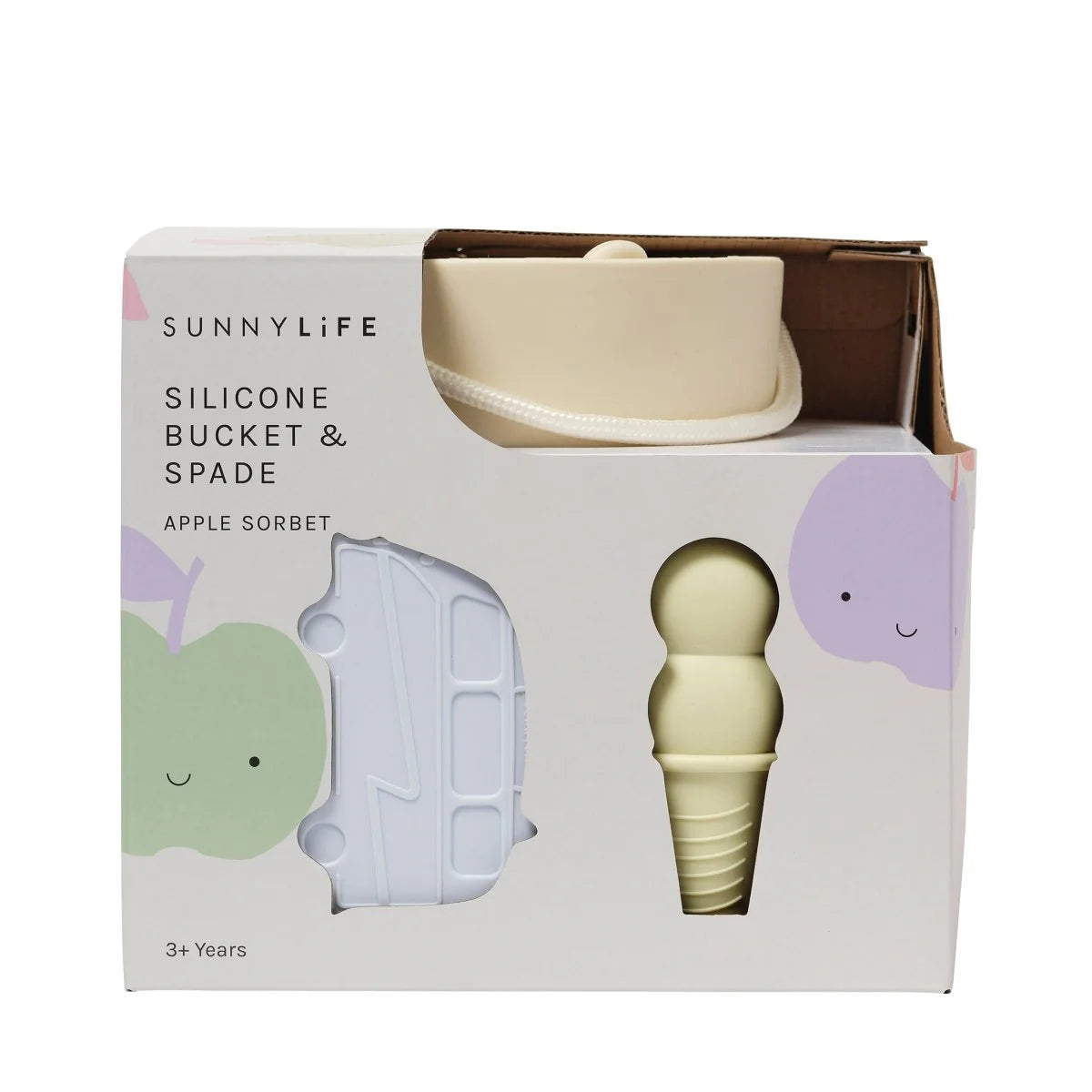 Campervan, watermelon, ice cream and strawberry silicone sand moulds from the Sunnylife Apple Sorbet bucket and spade set front package