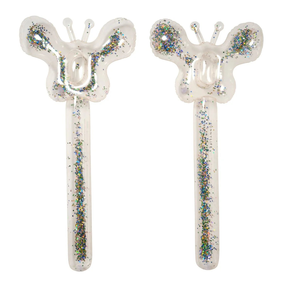 Close up of Sunnylife Cotton Candy Glitter inflatable noodle showing sparkling glitter inside