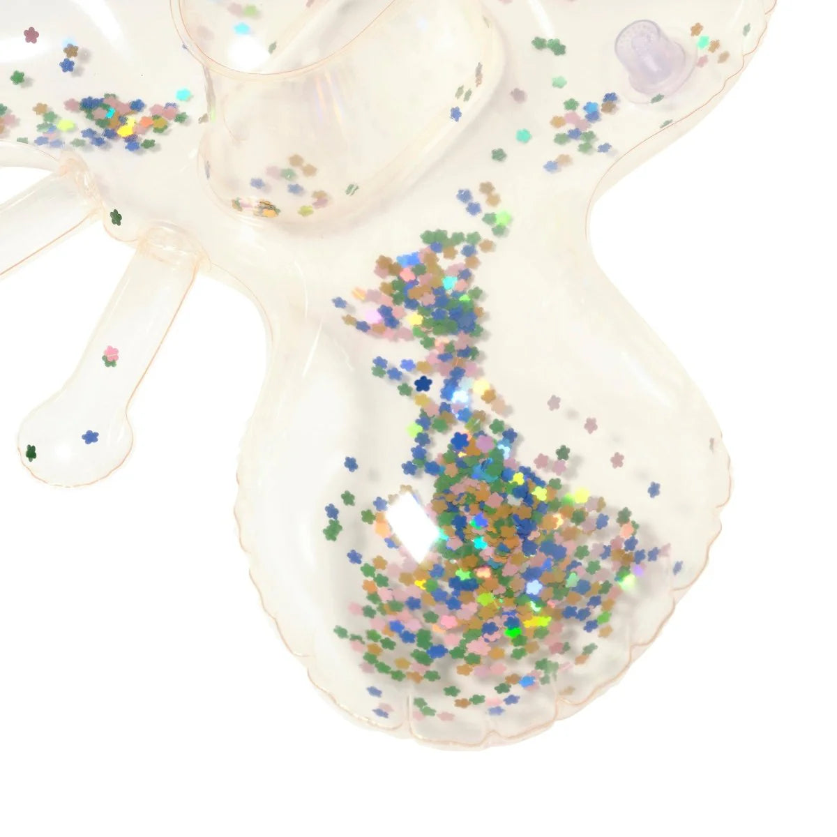 Close up of Sunnylife Cotton Candy Glitter inflatable noodle showing sparkling glitter inside